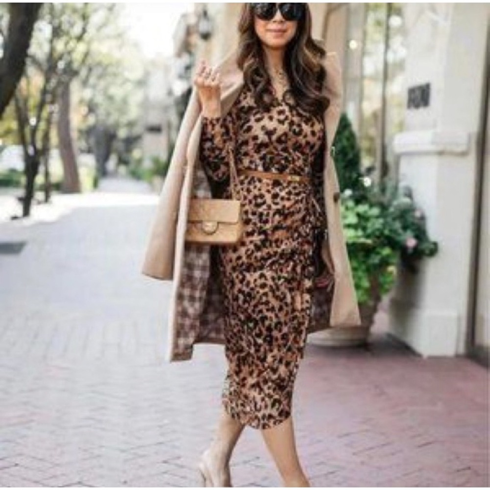 Cabi Selma Leopard Print V-Neck Long Sleeve Midi Dress Size M Fall Autumn Chic - Picture 3 of 13